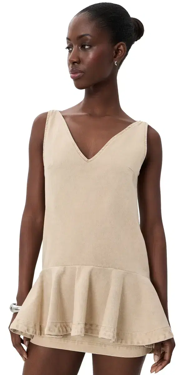 MARQUES ALMEIDA Marble Drill V Neck Peplum Dress Beige