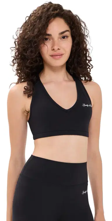 Sporty & Rich Signature Logo V Neck Sports Bra Black White | Thumbnail 1 Sporty & Rich Signature Logo V Neck Sports Bra Black White | Thumbnail 1