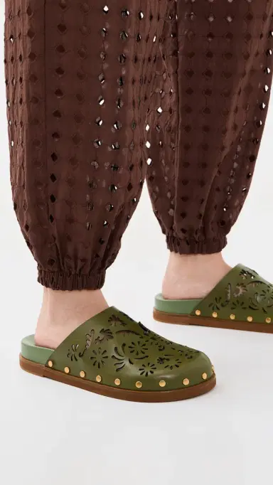 FARM Rio Lace Leather Anatomic Mules Seaweed Green | Thumbnail 3