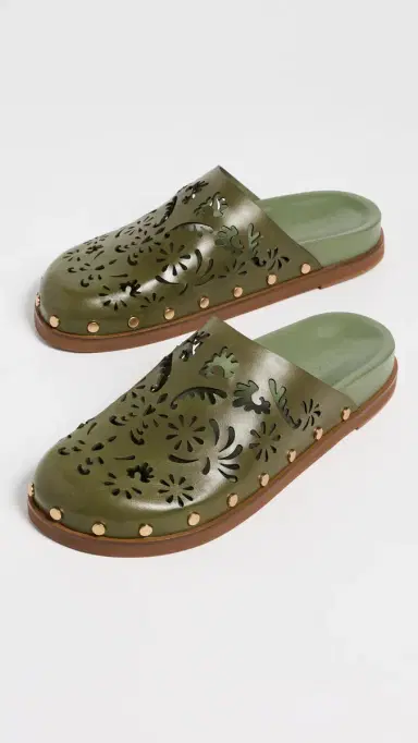 FARM Rio Lace Leather Anatomic Mules Seaweed Green | Thumbnail 5