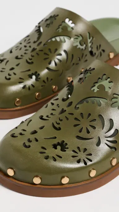 FARM Rio Lace Leather Anatomic Mules Seaweed Green | Thumbnail 6