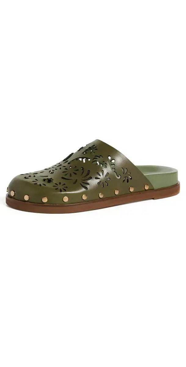 FARM Rio Lace Leather Anatomic Mules Seaweed Green