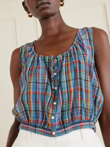 DÔEN Theo Gathered Checked Organic Cotton-voile Top | Thumbnail 4