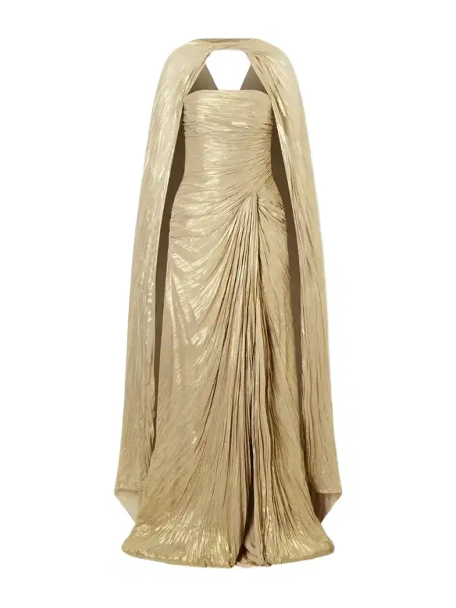 Cape-effect Plissé Metallic-satin Gown
