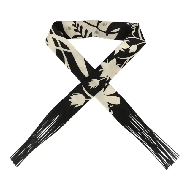HERMÈS Hermes "Bouquet Final" Cream and Black Fringe Silk Twilly