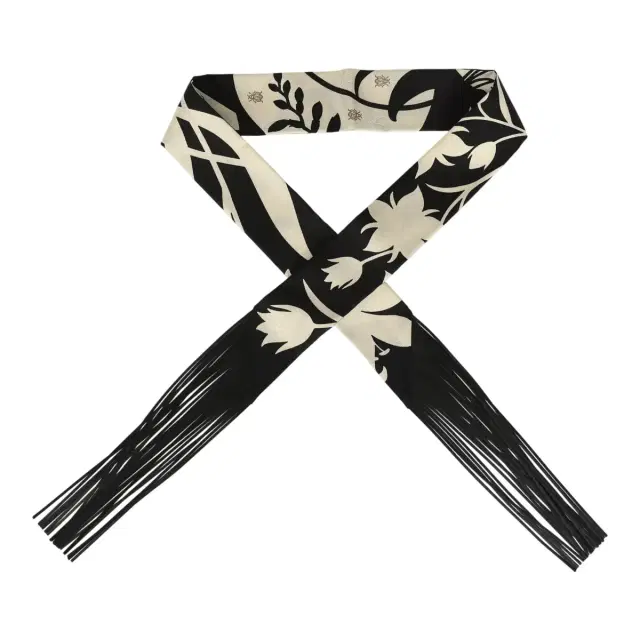 HERMÈS Hermes "Bouquet Final" Cream and Black Fringe Silk Twilly