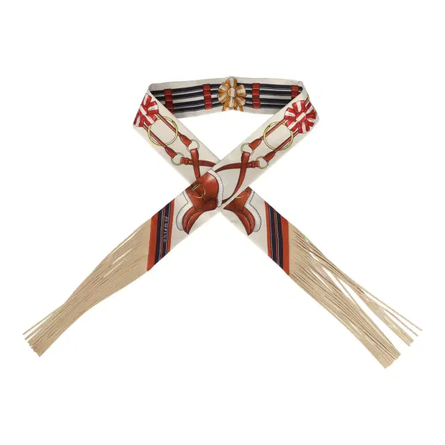 HERMÈS Hermes "Jumping Leather" Crème, Alezan and Anthracite Fringe Silk Twilly