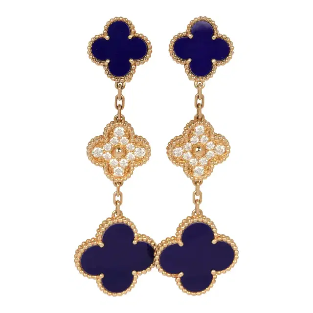 Van Cleef & Arpels Van Cleef & Arpels "Vendome" Magic Alhambra 3 Motif Earrings Blue Sevres Porcelain, Diamonds, 18K Yellow Gold