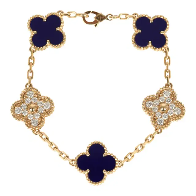 Van Cleef & Arpels Van Cleef & Arpels Limited Edition "Vendome" Vintage Alhambra Diamond Bracelet and Blue Sevres Porcelain 18K Yellow Gold