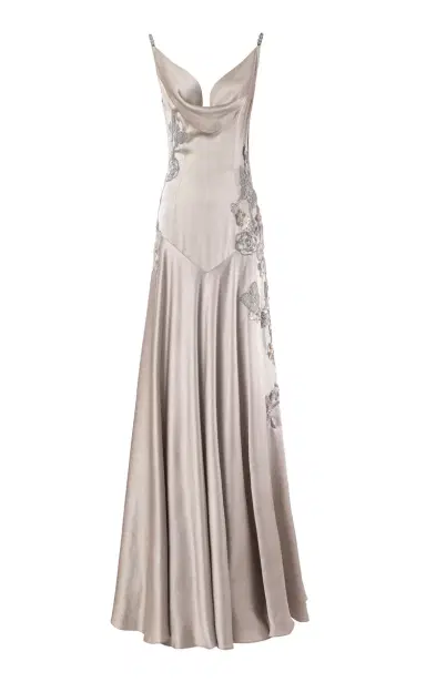 La Fuori Hibiscus Red Embellished Silk Satin Bias Gown | Thumbnail 4