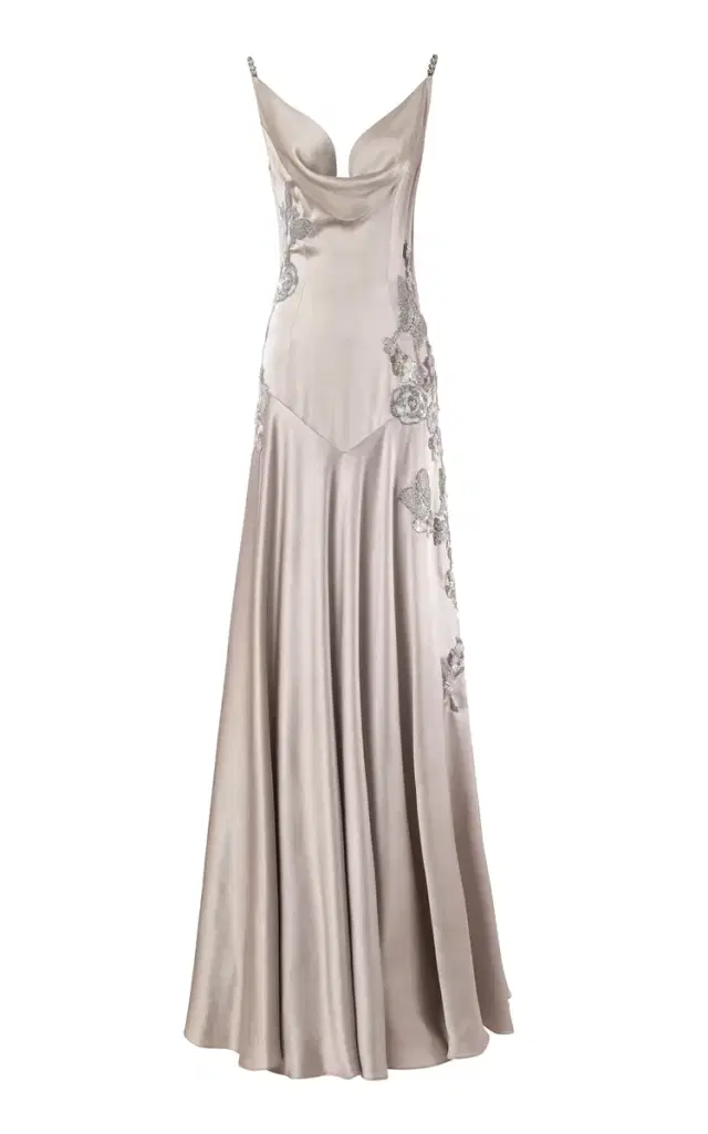 La Fuori Hibiscus Red Embellished Silk Satin Bias Gown