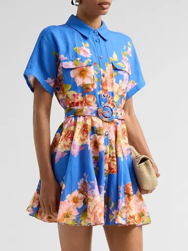 Hemant & Nandita Women's Floral Linen-Cotton Belted Mini Shirtdress - Blue | Thumbnail 4 Hemant & Nandita Women's Floral Linen-Cotton Belted Mini Shirtdress - Blue | Thumbnail 4