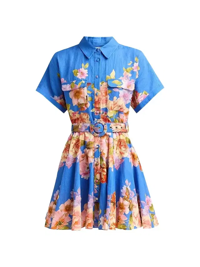 Women's Floral Linen-Cotton Belted Mini Shirtdress - Blue