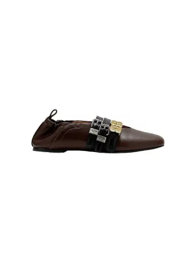 Ganni Women's Sue Triple-Strap Leather Ballet Flats - Demitasse - Size 10 | Thumbnail 1