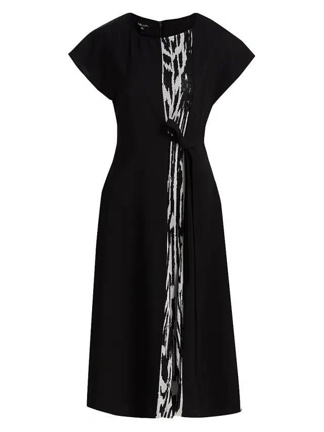 Misook Women's Abstract Print Tie-Waist Midi-Dress - Black New