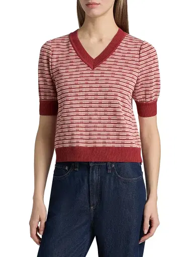 Misook Women's Striped Knit Short-Sleeve V-Neck Top - Honeysuckle Russet Biscotti - Size XXL | Thumbnail 3 Misook Women's Striped Knit Short-Sleeve V-Neck Top - Honeysuckle Russet Biscotti - Size XXL | Thumbnail 3