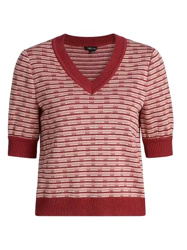 Misook Women's Striped Knit Short-Sleeve V-Neck Top - Honeysuckle Russet Biscotti - Size XXL | Thumbnail 1 Misook Women's Striped Knit Short-Sleeve V-Neck Top - Honeysuckle Russet Biscotti - Size XXL | Thumbnail 1