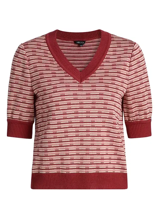 Misook Women's Striped Knit Short-Sleeve V-Neck Top - Honeysuckle Russet Biscotti