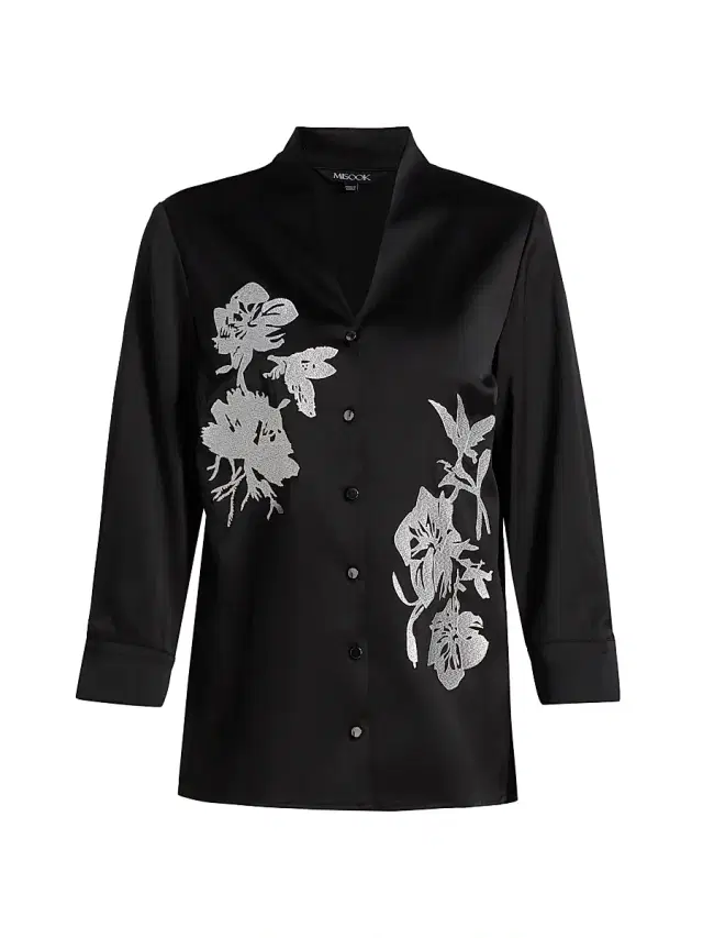 Misook Women's Floral-Embroidered Crepe De Chine Blouse - Black New