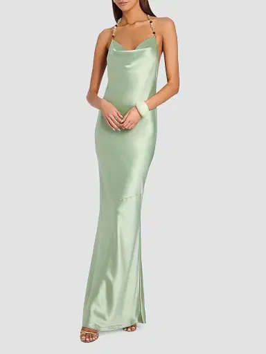 Retrofête Women's Odalis Beaded Halter Satin Maxi Dress - Matcha | Thumbnail 2