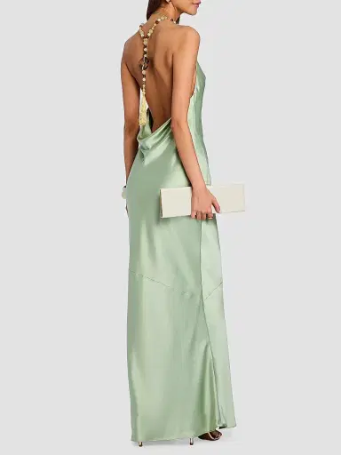 Retrofête Women's Odalis Beaded Halter Satin Maxi Dress - Matcha | Thumbnail 3