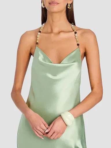 Retrofête Women's Odalis Beaded Halter Satin Maxi Dress - Matcha | Thumbnail 4