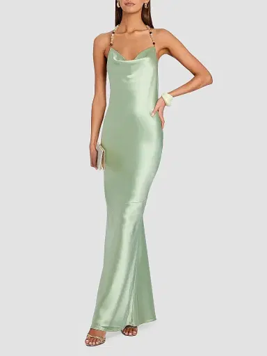 Retrofête Women's Odalis Beaded Halter Satin Maxi Dress - Matcha | Thumbnail 6