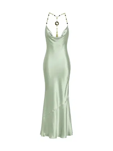 Retrofête Women's Odalis Beaded Halter Satin Maxi Dress - Matcha | Thumbnail 1