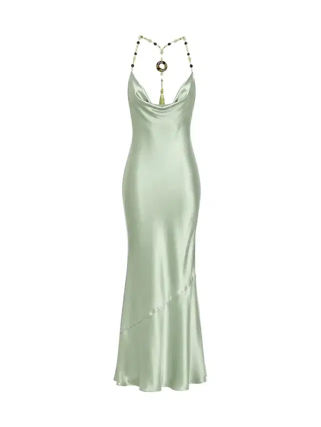 Retrofête Women's Odalis Beaded Halter Satin Maxi Dress - Matcha