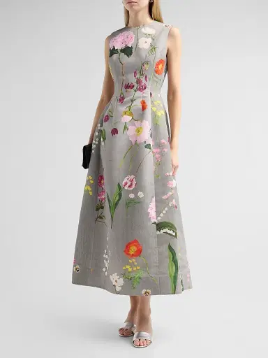 Oscar de la Renta Women's Mixed Botanical Faille Cocktail Dress | Thumbnail 4 Oscar de la Renta Women's Mixed Botanical Faille Cocktail Dress | Thumbnail 4