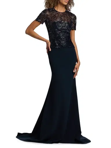 Naeem Khan Women's Beaded Bodice Trumpet Gown - Navy - Size 8 | Thumbnail 2