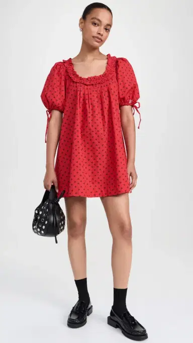 Damson Madder Jemima Ruffle Mini Dress Red Cherries | Thumbnail 2