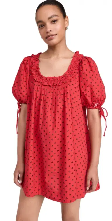 Damson Madder Jemima Ruffle Mini Dress Red Cherries | Thumbnail 1