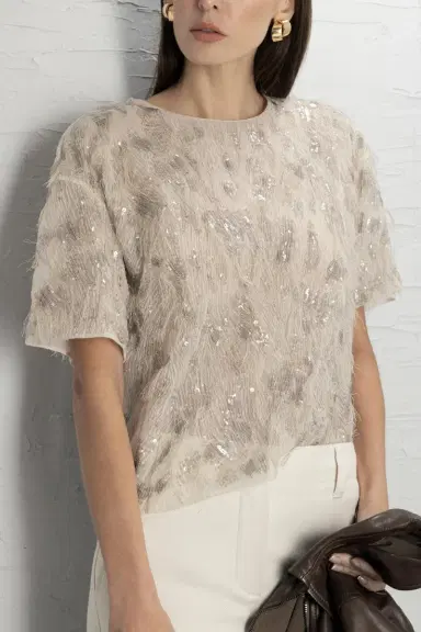 Brunello Cucinelli Animalier Sequin Short Sleeve Blouse | Thumbnail 2