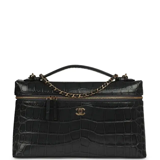 Chanel Chanel Large Top Handle Long Vanity Case Grey Croc Embossed Calfskin Gold Hardware