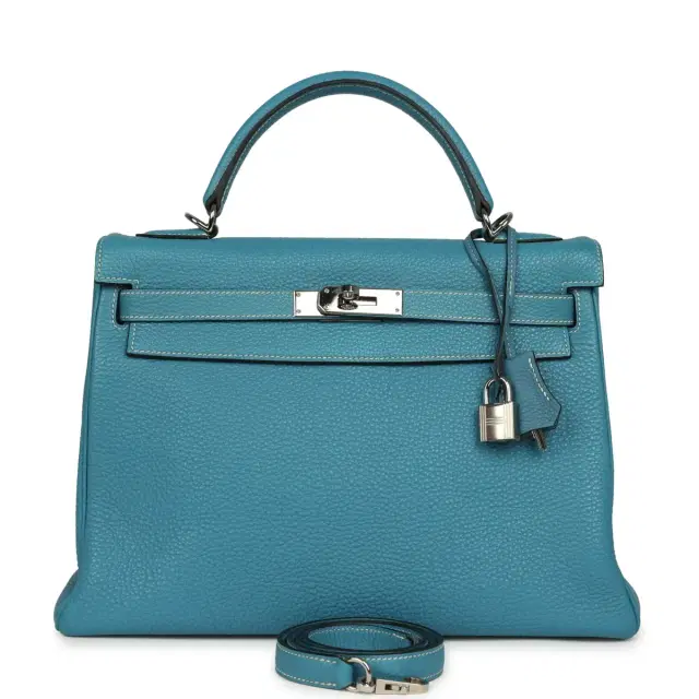 HERMÈS Vintage Hermes Kelly Retourne 32 Blue Jean Togo Palladium Hardware
