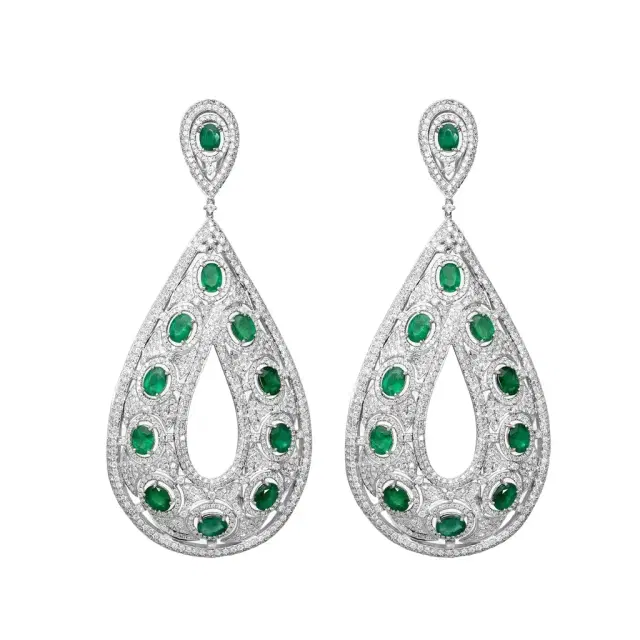 DIANA M. JEWELS Diana M. Jewels 18K White Gold Emerald & Diamond Teardrop Drop Earrings by The Solist