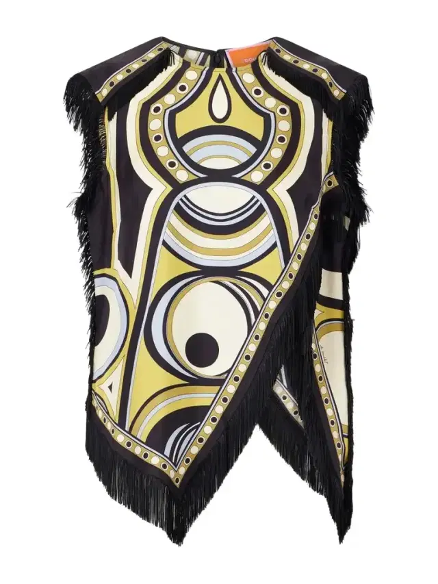 Fringed Asymmetric Printed Silk-twill Top