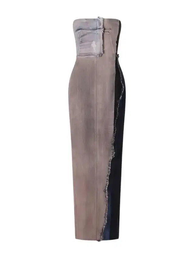 Rick Owens Distressed Paneled Stretch-denim Maxi Dress