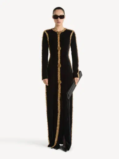 Balmain Long velvet dress with embroidered trim | Thumbnail 2 Balmain Long velvet dress with embroidered trim | Thumbnail 2