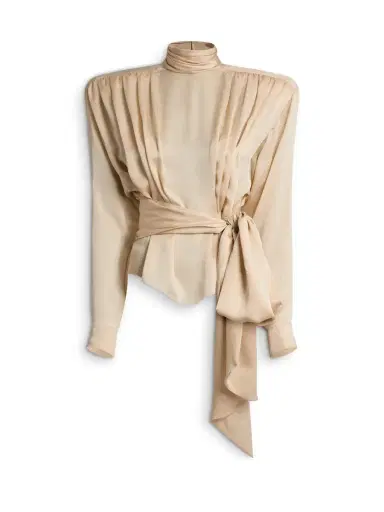 Balmain Silk chiffon blouse with padded shoulders and tie | Thumbnail 1
