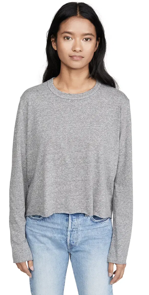 THE GREAT. The Long Sleeve Crop Tee Heather Grey