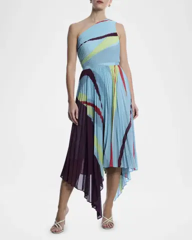 BCBGMAXAZRIA One-Shoulder Abstract-Print Pleated Midi Dress | Thumbnail 2