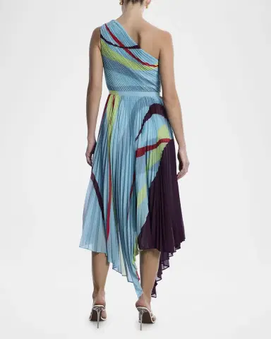 BCBGMAXAZRIA One-Shoulder Abstract-Print Pleated Midi Dress | Thumbnail 3