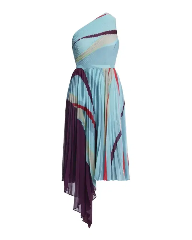 BCBGMAXAZRIA One-Shoulder Abstract-Print Pleated Midi Dress