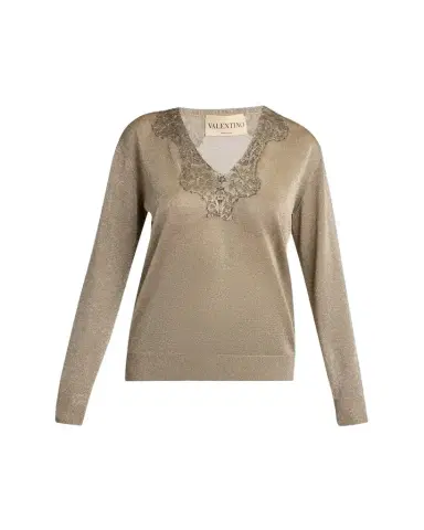 Valentino Garavani Lace-Trim Metallic Knit V-Neck Sweater | Thumbnail 1 Valentino Garavani Lace-Trim Metallic Knit V-Neck Sweater | Thumbnail 1