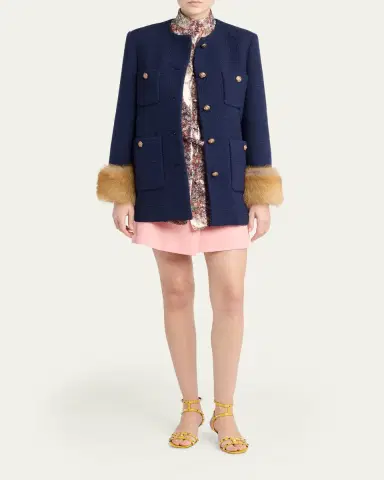 Valentino Garavani Lamb Shearling Cuffs Tweed Single-Breasted Jacket | Thumbnail 2 Valentino Garavani Lamb Shearling Cuffs Tweed Single-Breasted Jacket | Thumbnail 2