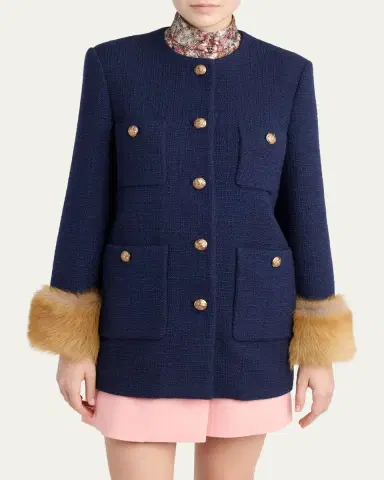 Valentino Garavani Lamb Shearling Cuffs Tweed Single-Breasted Jacket | Thumbnail 4 Valentino Garavani Lamb Shearling Cuffs Tweed Single-Breasted Jacket | Thumbnail 4