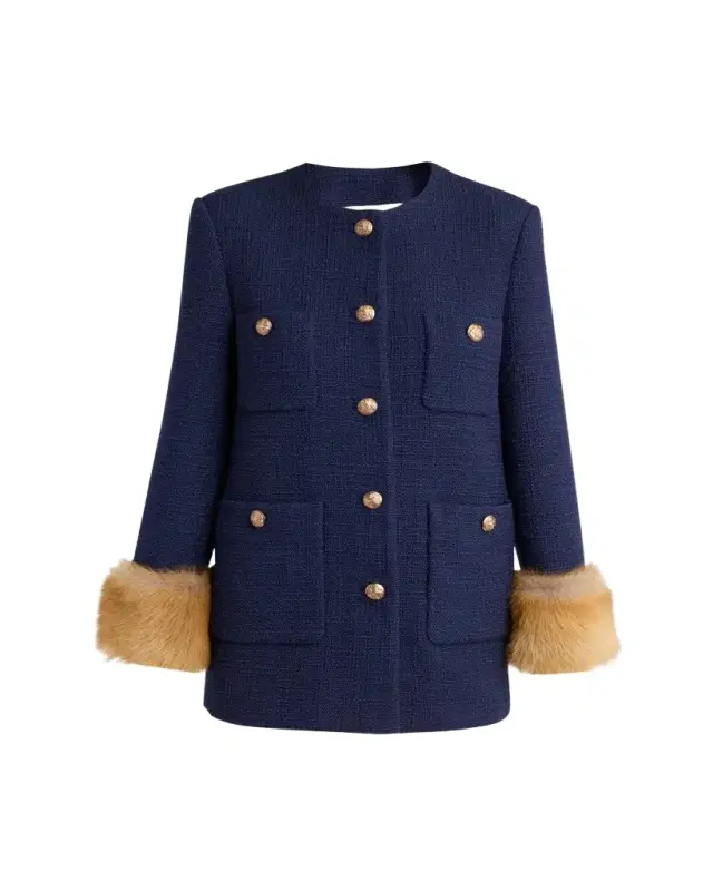 Valentino Garavani Lamb Shearling Cuffs Tweed Single-Breasted Jacket