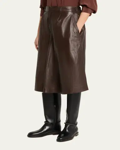 Brunello Cucinelli Pleated Leather Wide-Leg Culotte Pants | Thumbnail 4